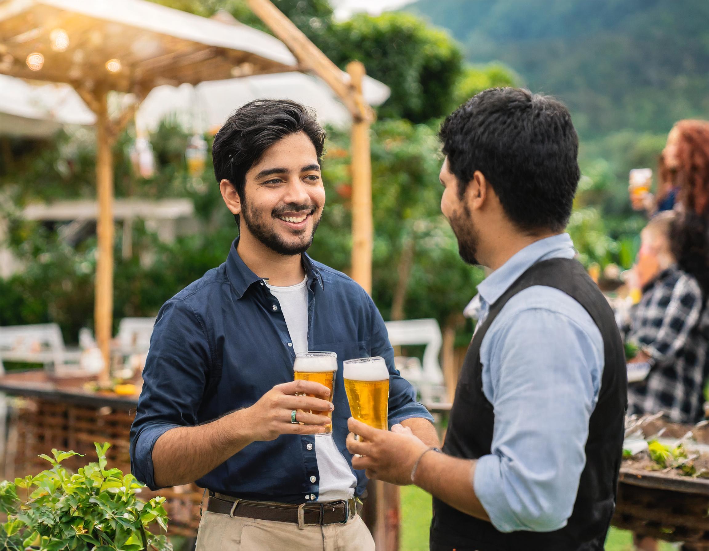 Moderne Biergarten-Szene mit fröhlichen Menschen